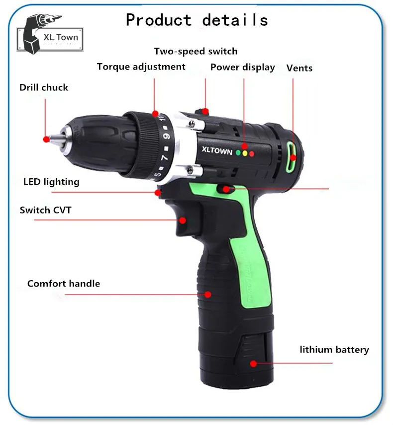 XLTOWN 16,8/21 V беспроводная дрель с 2 батареями многофункциональная литиевая батарея перезаряжаемый электрошуруповерт электроинструменты