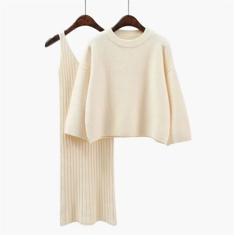 Осень зима новые женские 2 шт наборы пуловеры с рукавами в форме фонаря свитер Спагетти ремень длинное платье вязанные наряды