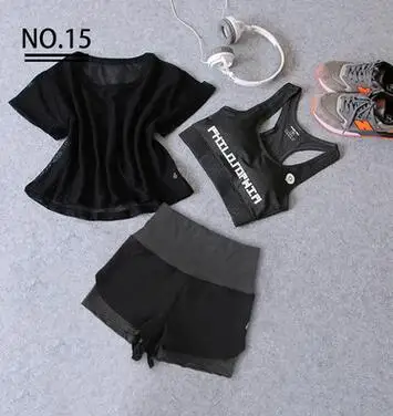 Модные женские туфли для йоги 3 предмета комплекты из сетки футболка+ бюстгальтер+ спортивные уличные шорты фитнес-зал комплект Для женщин s спортивная одежда - Цвет: K