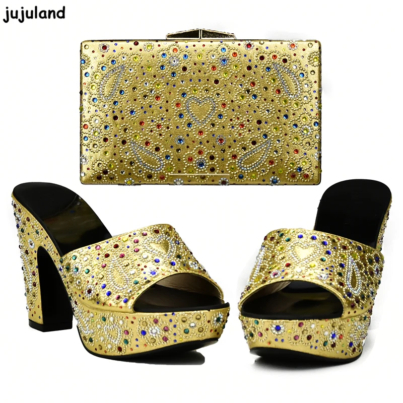 Buy Gold Color Shoes and Matching Bag Set Decorated