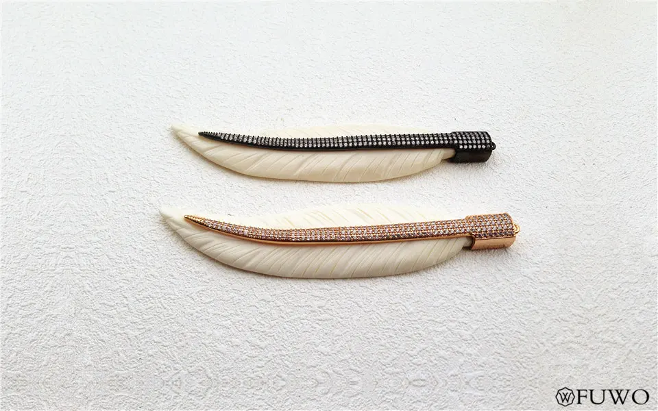 Natural Bone Carved Micro Pave Leaf Feather Pendant 7