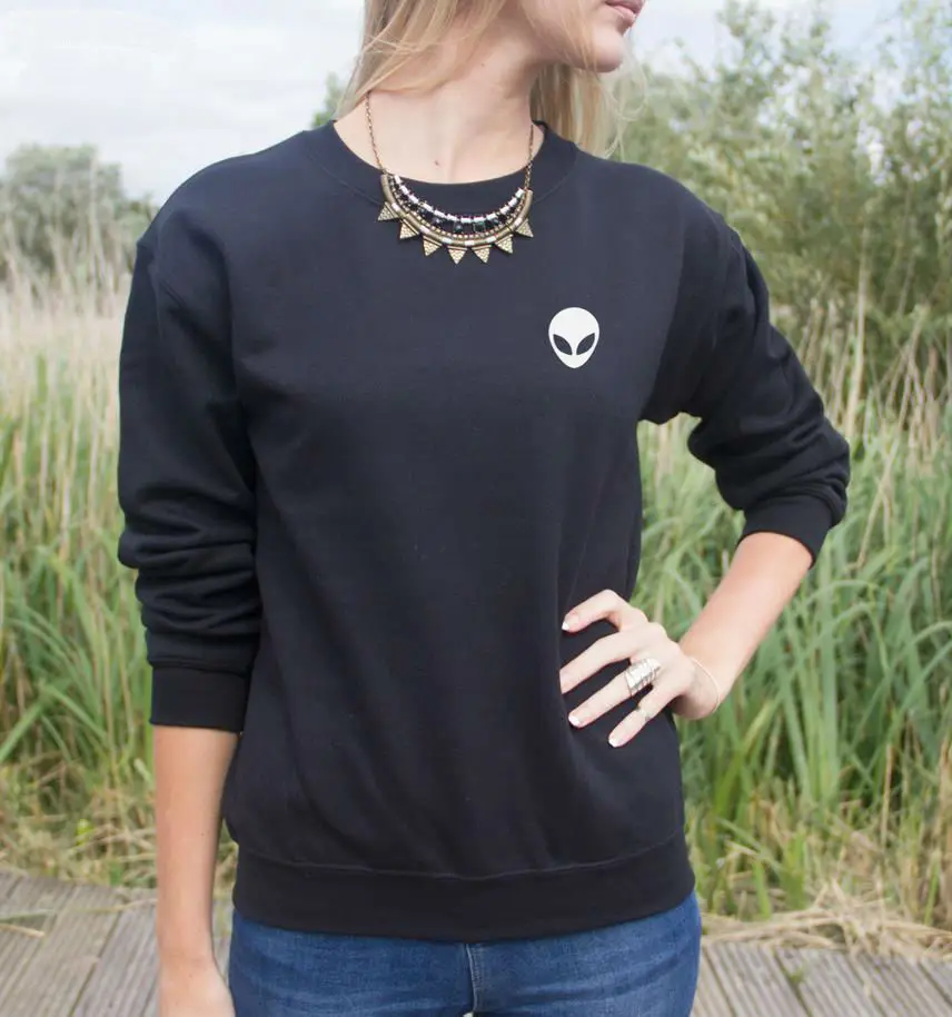 

Harajuku Women Sweatshirt Jumper Alien Pocket Head Print Casual Hoody For Lady Funny Hipster Street Black White TZ203-74