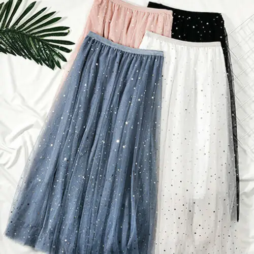 

New Women Casual High Waist Pleated Skirt Long Skirt Swing Star Moon Tulle Skirts