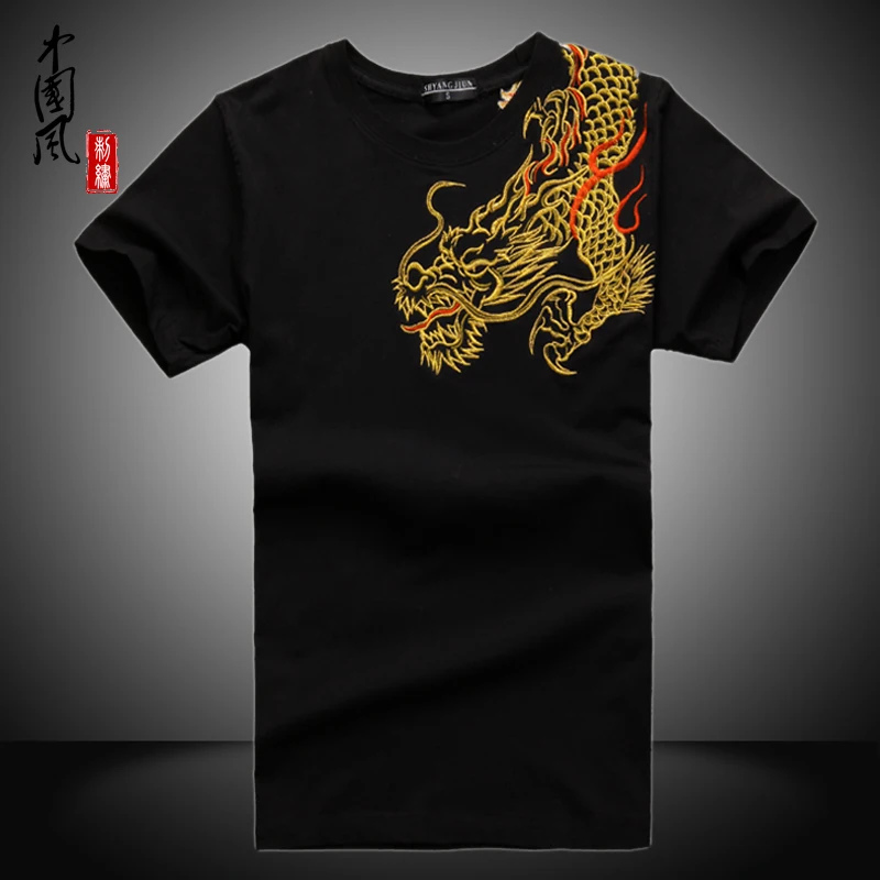 

New Arrival China National Wind Dragon embroidery shirts kung fu Shirt tops Summer short-sleeve High-quality cotton t shirt