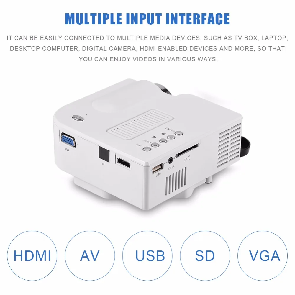 

Mini Projector Private Home Theater LED HD HDMI Projector Multiple Interface Media Player 1920 x 1080P AV USB VG 24w US Plug