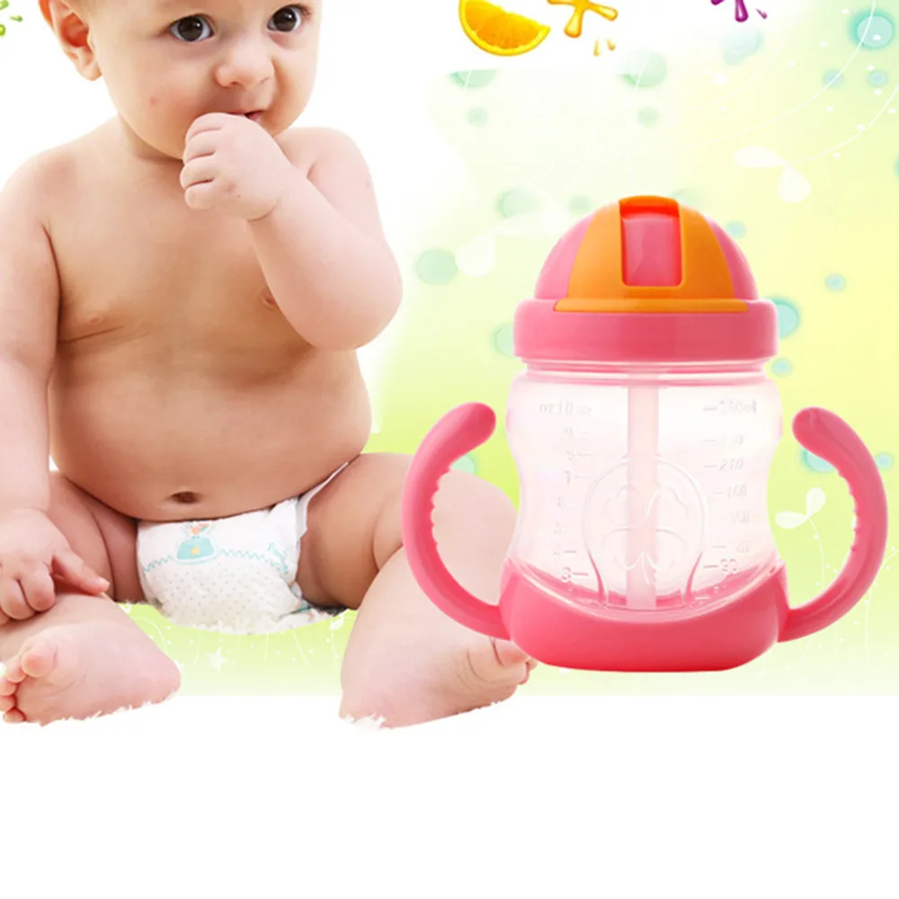 

280ml Cute Baby Bottle Drinking Straw Kids Children Learning Silicone Milk Nibbler Safe Feeding Bottle Handle Sippy For Training