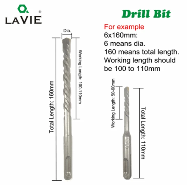 LAVIE-brocas de martillo eléctrico para pared, ladrillo de hormigón, mampostería, perforadora de 110mm, 160mm, 4, 5, 6, 7, 8, 10, 12 SDS Plus, 1 unidad 2