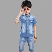 Летняя детская одежда, джинсовая Блуза+ светильник, прямые штаны, повседневные комплекты для мальчиков, Подростковая детская одежда для мальчиков 4, 6, 8, 10, 12, 13 лет