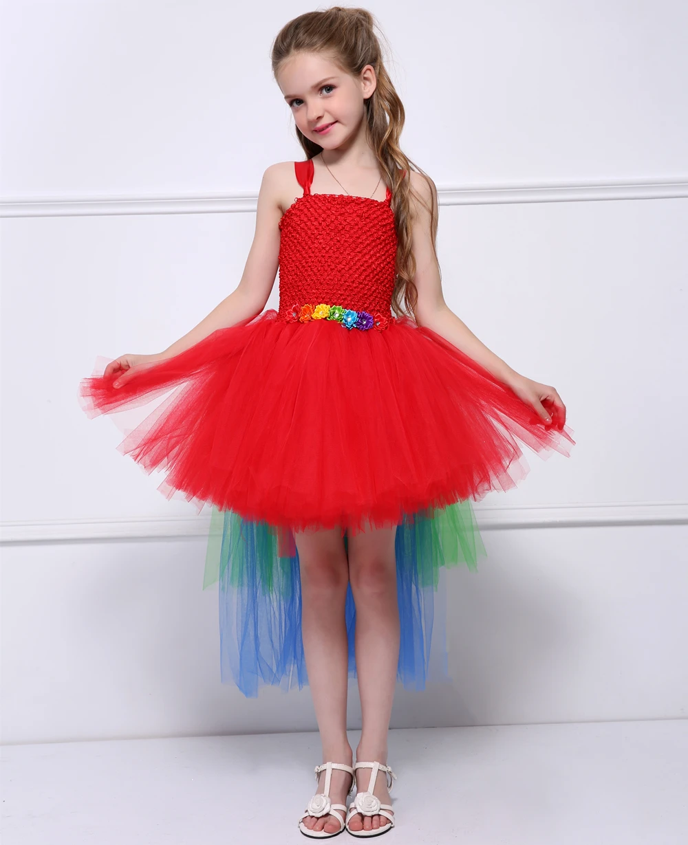 Радужный хвост Красный платье пачка для девочек Дети Хэллоуин косплэй Ара костюм попугая Тюль цветок платье дня рождения