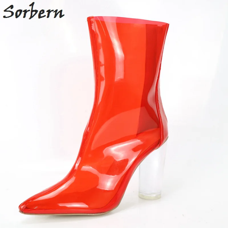

Red PVC Jelly Boots Womem Plastic Pointed Toe Fall Boots Custom Block Heels 4 Inch Runway Boot Womens Ankle Boots Fashion 2016