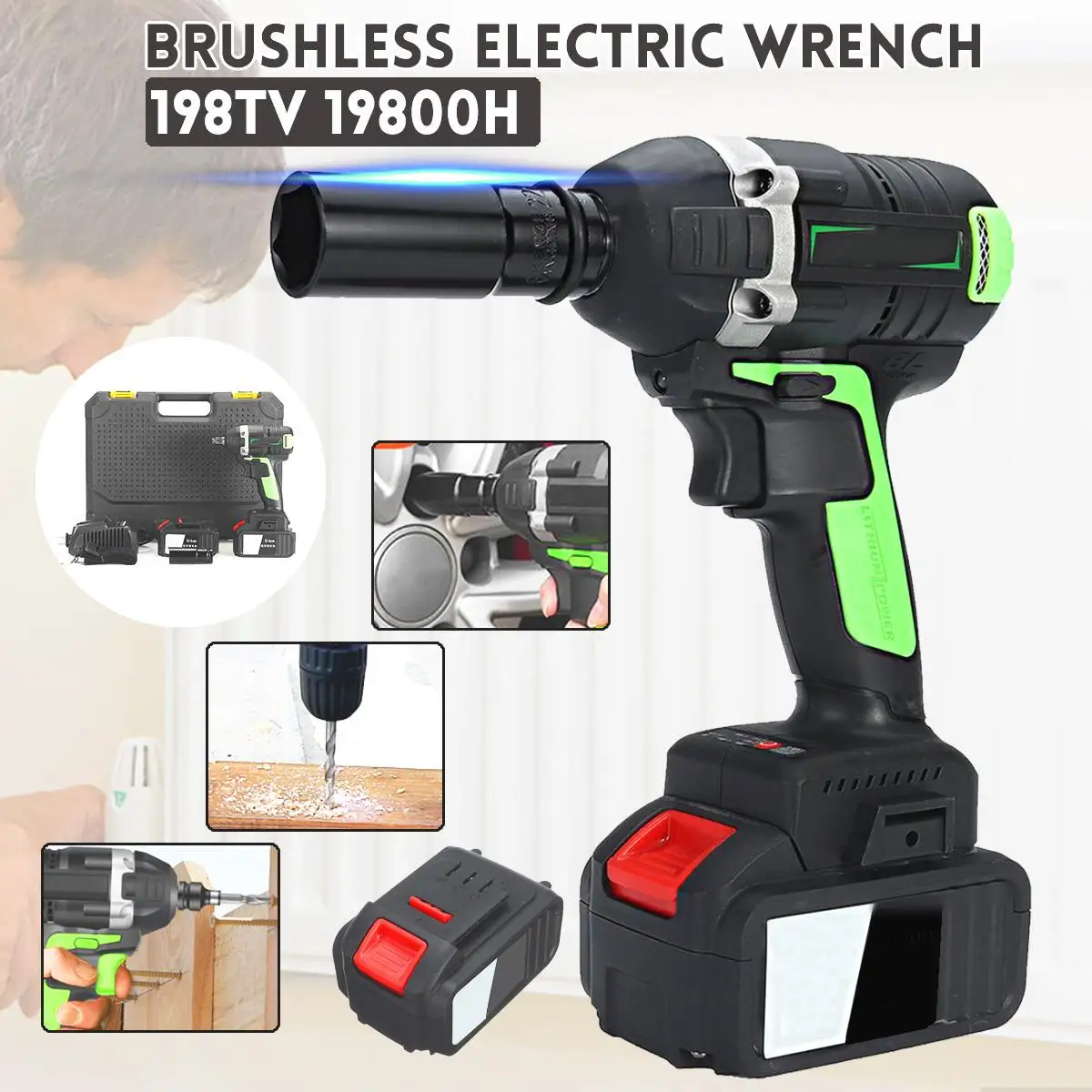

198TV 19800H Brushless Electric Impact Wrench 480N.M Torque Cordless Wrench Stepless Speed Wrench Lithium Battery Power Tools