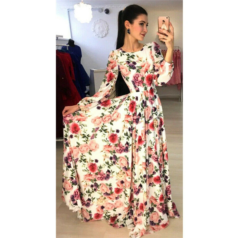 Женское платье с цветочным принтом BOHO длинное коктейльное длинным рукавом и o