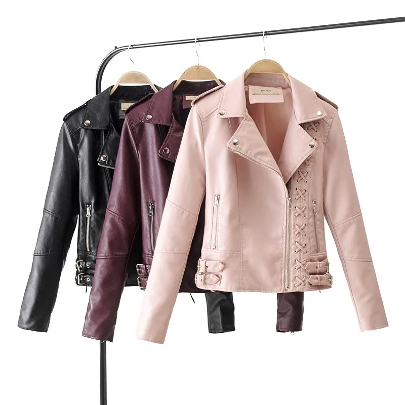 

2018 New Spring Fall Women Faux Leather Coat Wine Red Black Moto Style Top Out Wearwork Coat