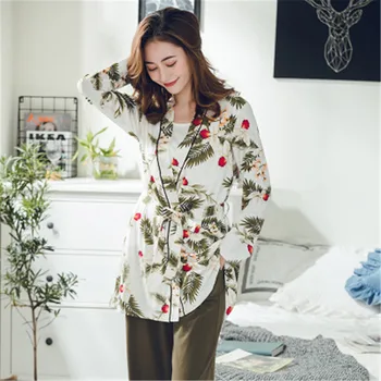 

Cotton Flower Pattern Maternity Pajamas Sets Cardigan+Camisole+Trousers Belt Three-piece Sleepwear Pregnant Women Sleepwear