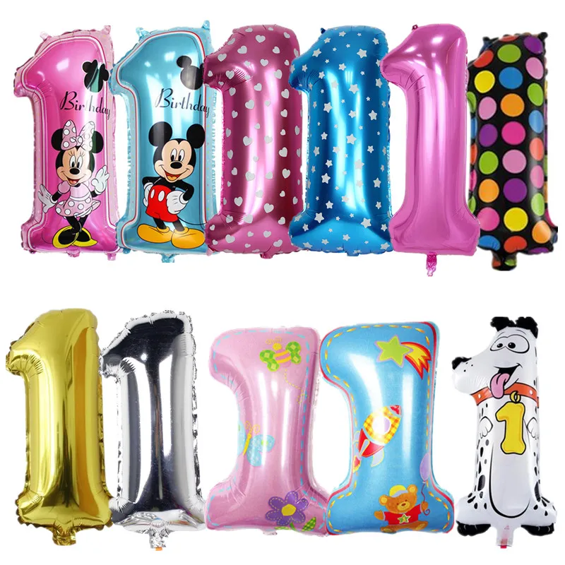

2pcs Number 1 Foil Balloons Kids 1 First Birthday Party Decorations Balloons Cartoon Dots Aluminium Digit Figure Helium Balloon