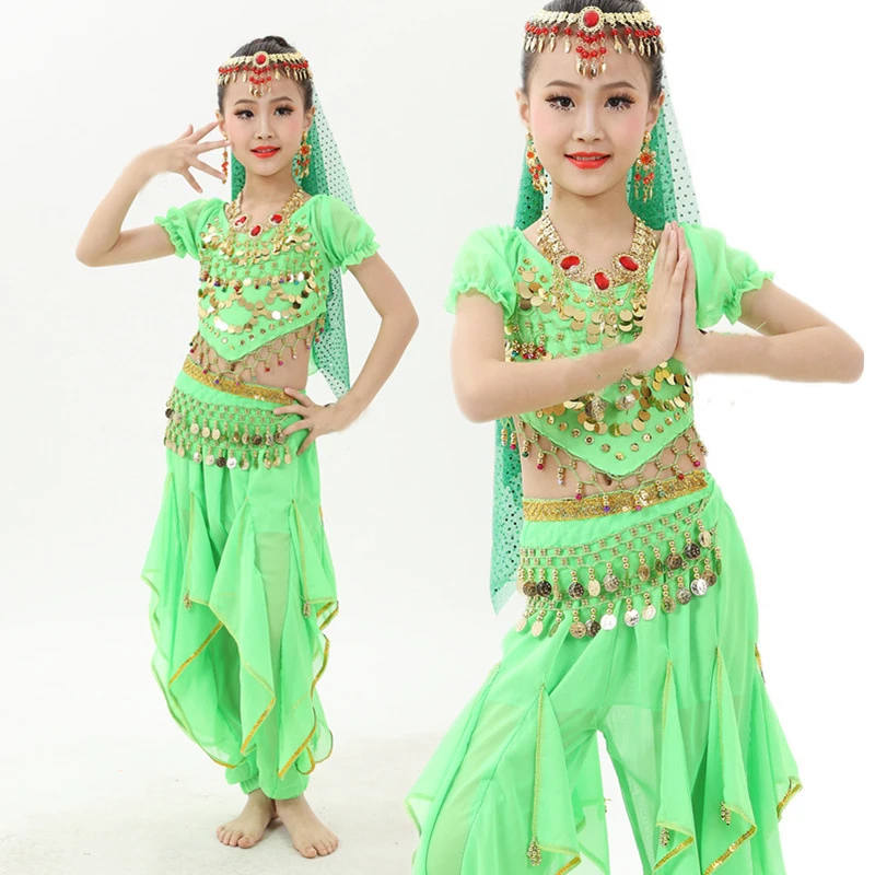 

2019 Girl Children Belly Dance Costumes 4Pcs Chiffon 120D Sequin Clothing For Kids Genie Fringe Dance Pants Gypsy Clothes G