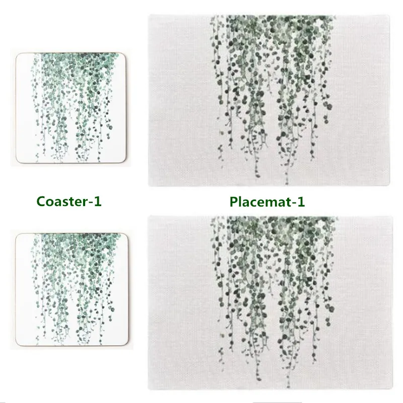 Коврик для стола с зеленым растением, 2 шт. мягкие ПВХ салфетки и 2 шт. деревянные подставки, Нескользящие подставки для кофе, чая, напитков, фирменный коврик, 1 комплект