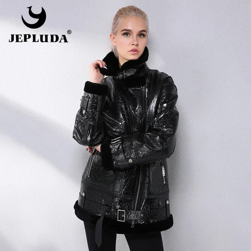 

JEPLUDA Cool Model Natural Sheep Fur Coat Slanted Zipper Real Fur Coat Woman Clothes Leather Jacket Winter Real Fur Jacket Woma