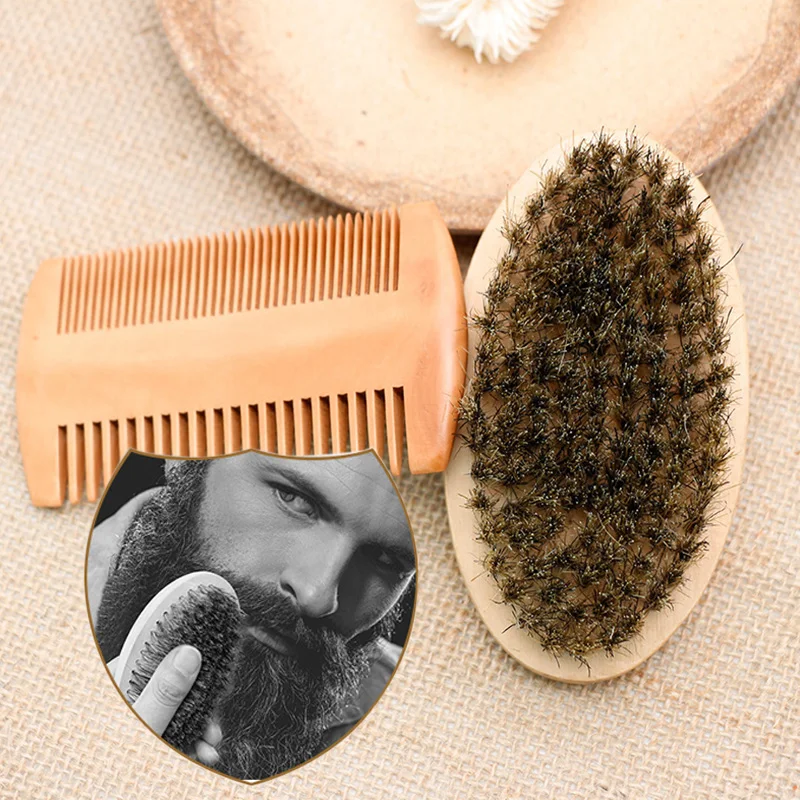2pcs Soft Board Bristle Wood Beard Brush Hairdresser Shaving Tool Men Mustache Comb Kit Beard Comb Set