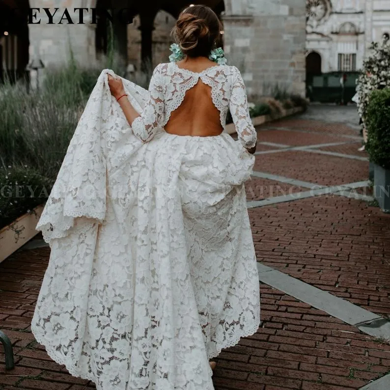 Superoferta Vestido De Novia Bohemio Rustico De Encaje Beige Con Espalda Abierta Con Mangas Vintage Boho Playa Vestidos De Boda Vestido De Novia De Talla Grande April 2020