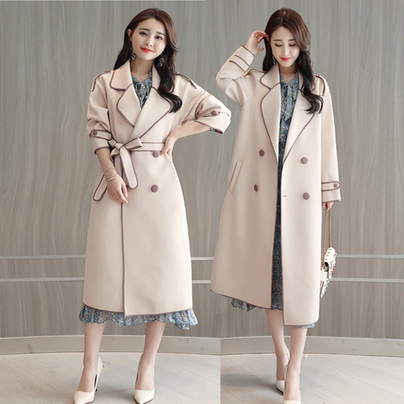 New fashion Autumn Winter british style Overcoat Women Long slim Solid Turn-Down Collar Trench Femme double breasted Outwear