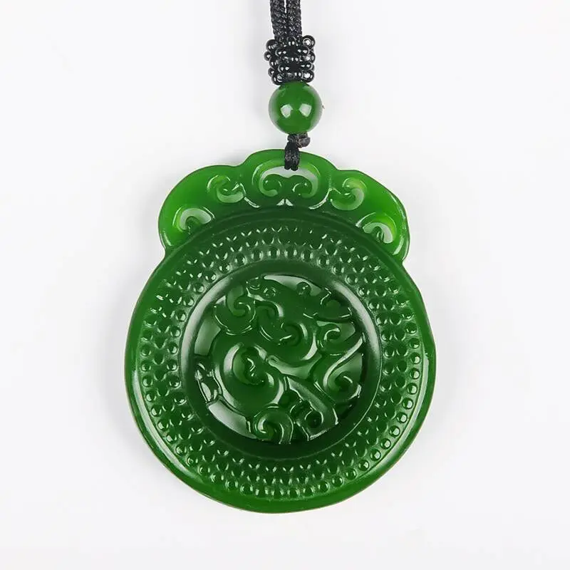 

Natural Green Hand-carved Chinese Hetian Jasper Dragon Pendant + Rope Necklace