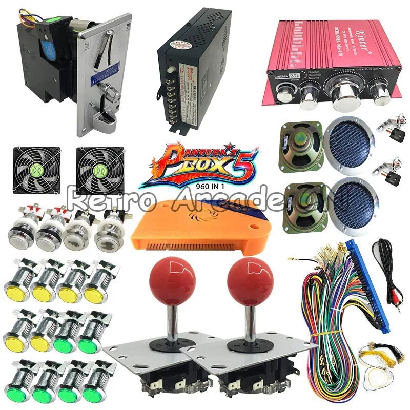 DIY Arcade Original Pandora Box 5 960 in 1 Bundles Kits Parts With Power Supply Jamma Harness Happ Joystick Chrome LED Button