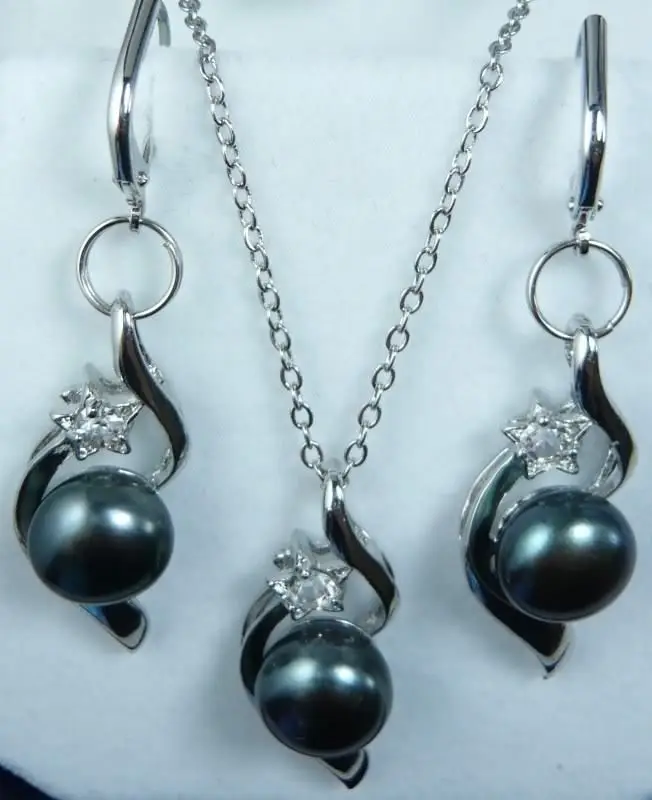 

free shipping 07875 Black Akoya Pearl Necklace +Earring Set (A0423)