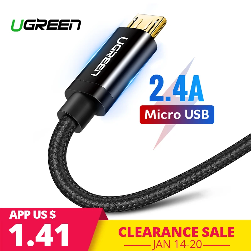 Ugreen Micro USB Cable 2.4A Nylon Fast Charge USB Data Cable for Samsung Xiaomi LG Tablet Android Mobile Phone USB Charging Cord