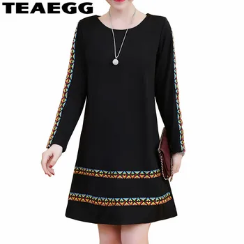 

TEAEGG 2020 Vintage Long Sleeve Dress Women Elegant O-Neck Robe Femme Casual Dress Plus Size 4XL 5XL Black Dresses ClothesAL1331