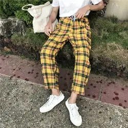 2019 осень японский стиль женские желтые брюки с высокой талией галстук клетчатые хлопковые брюки низ