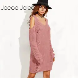 Jocoo Jolee с открытыми плечами v-образный вырез мини платье 2018 модное платье-свитер с длинным рукавом осень зима свободный свитер платье