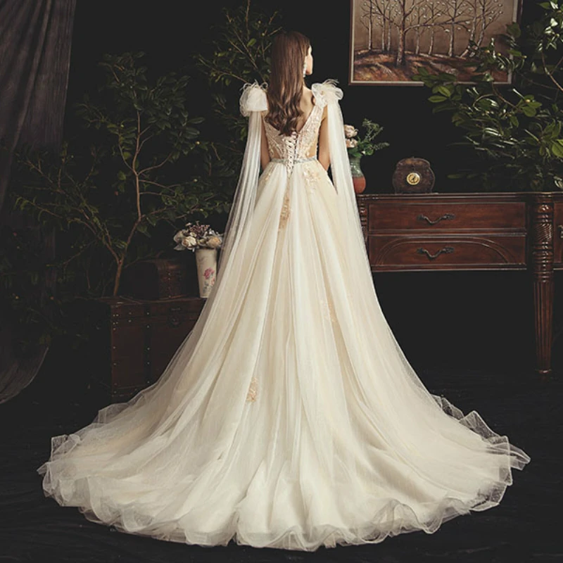 Женское вечернее платье со шлейфом SSYFashion, роскошное бальное платье с цветочным кружевом, для свадебных торжеств и выпускного вечера, индивидуальный пошив