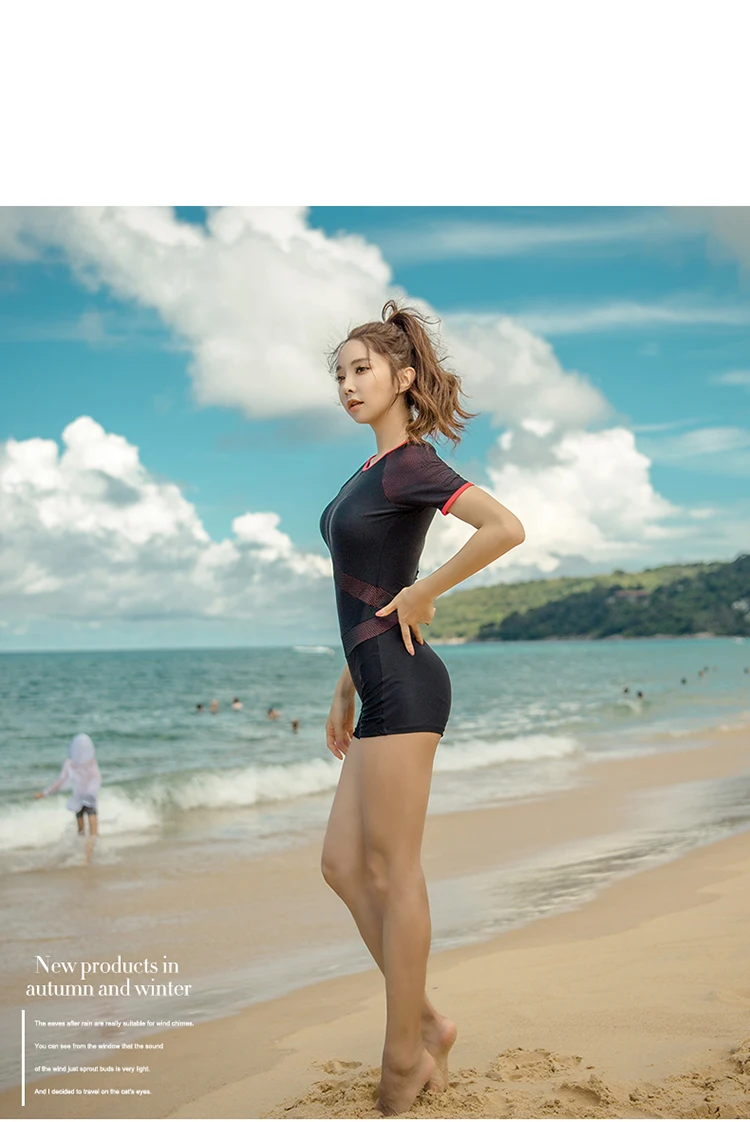 Mesh Patchwork Rash Guard Women Solid Swimwear Short Sleeve Swimsuit Shorts Surfing Suit Black Bathing Suit Korea Diving Clothes