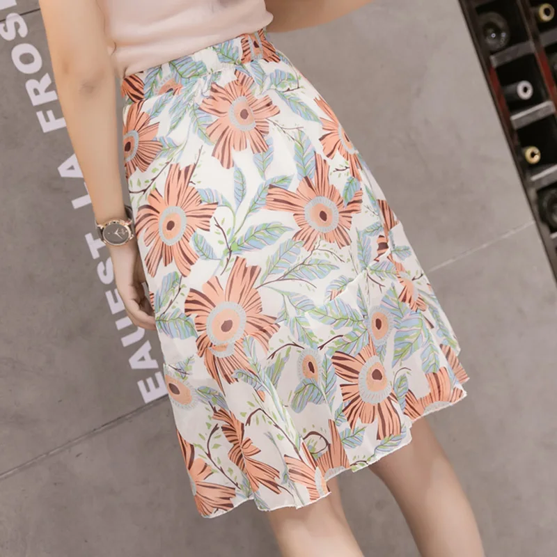 Корейская шикарная элегантная Асимметричная шифоновая с цветочным принтом юбка юбка с оборками женские летние юбки с высокой талией Saias Jupe