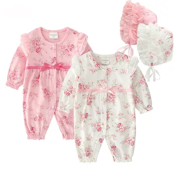 

2018 New Fall Baby Girl Cotton Jumpsuit with Cap Set Lace Floral Romper Overall 1Piece Infant Clothing Born Gift 3m 6m 9m 1t