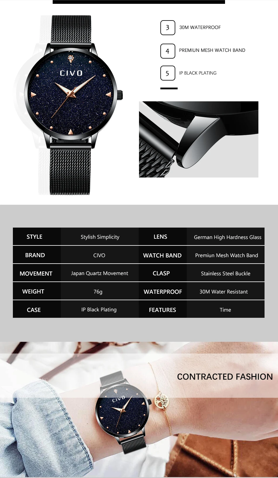 Relogio Feminino CIVO Лидирующий бренд женские часы водонепроницаемые аналоговые черные женские часы с браслетом Reloj Mujer