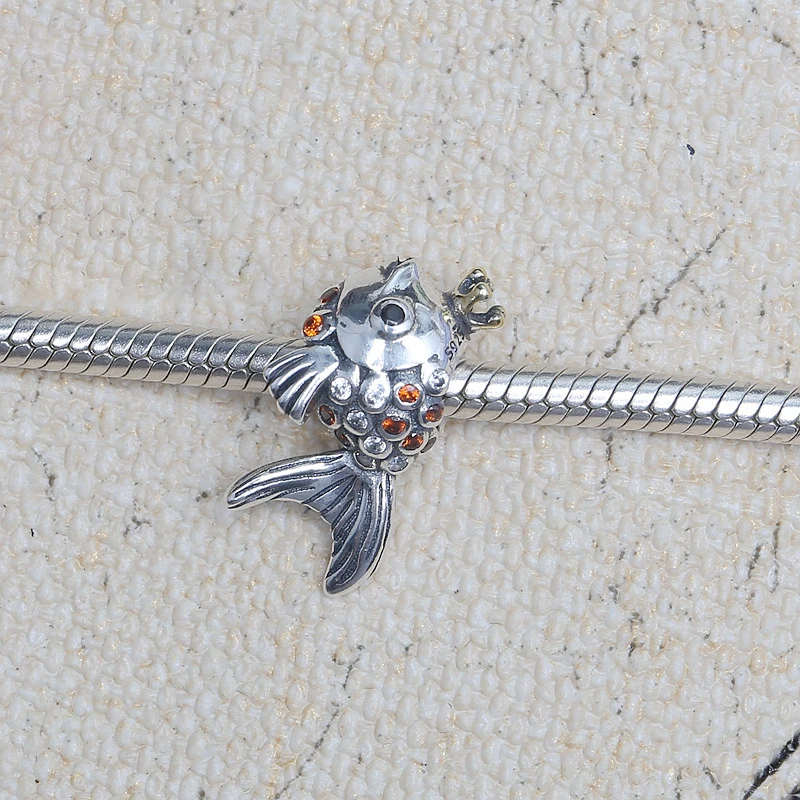 

Hot Sale Fits Charm Bracelet DIY Women's Jewelry Party Gift 925 Sterling Silver Bracelet with Zircon Crown Goldfish Bead