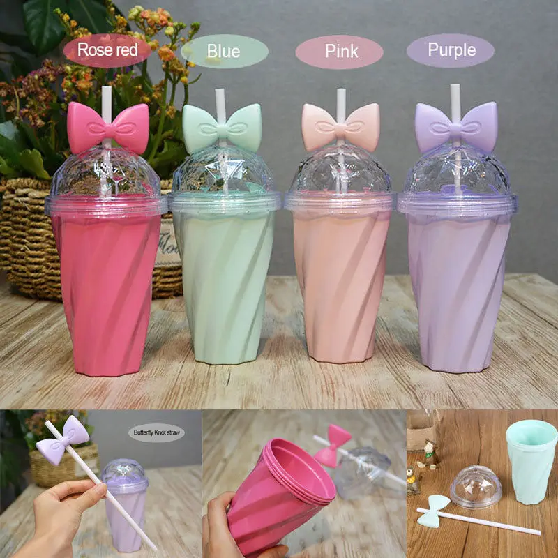 

2019Hot 400ML Lemon Juice Coffee Cup Bow Candy Color Straw Cup With Lid Straw Fruit Straw Water Bottle Cup