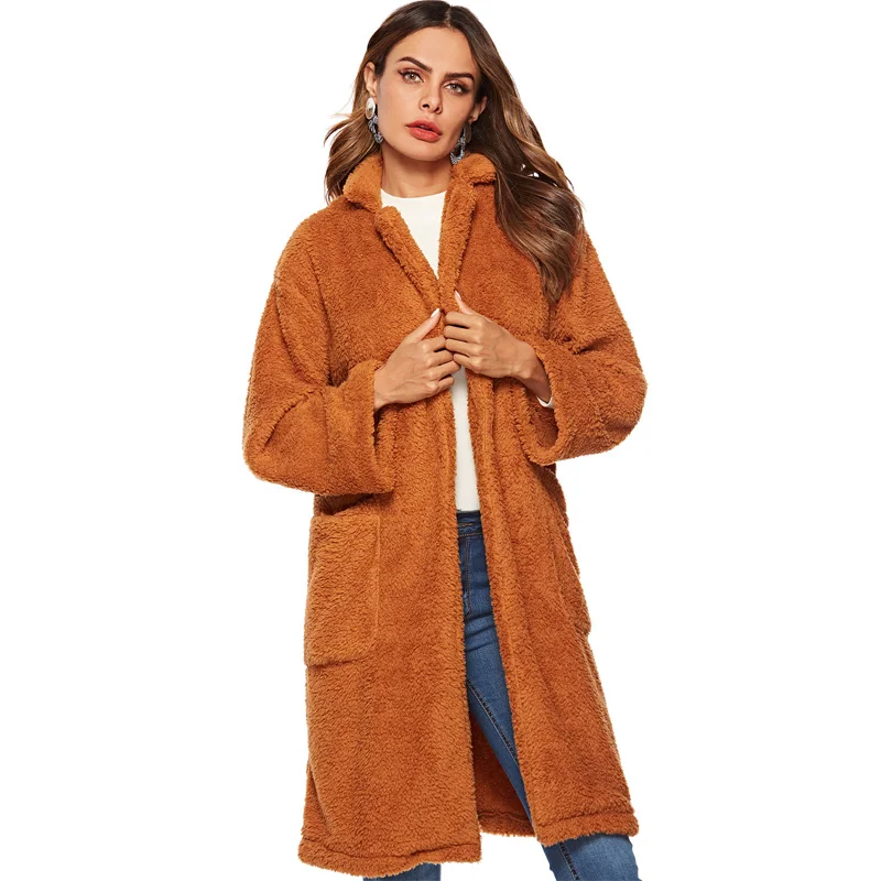 

Women Autumn Winter Wool Blends Lamb Faux Fur Long Jacket Coats Pocket Female Thick Warm Solid Teddy Fleece Soft Plush Outerwear