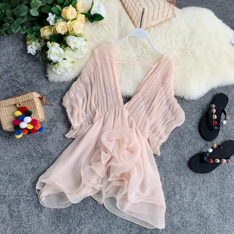 

Summer 2019 Pink White Black Pleated Women Blouse Sexy V Neck Club Party Beach Blusas Irregular Ruffles Female Chiffon Chic Tops