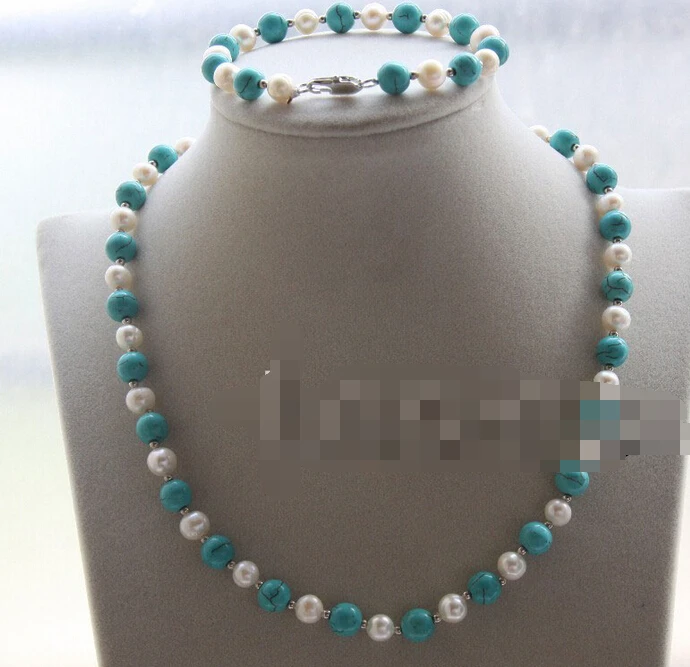 

Hot sell Noble- Fast shipping + 12583 round white pearls blue turquoise necklace bracelet set (A0516)