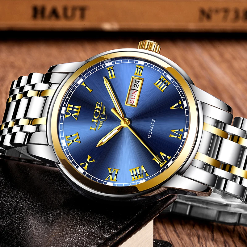 2019 LIGE Luxury Brand Men Stainless Steel Gold Watch Men's Quartz Clock Man Sports Waterproof WristWatch Relogio Masculino+B 