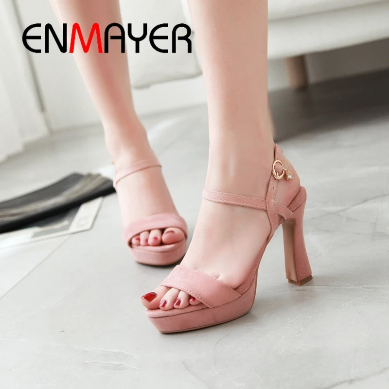 

ENMAYER 2019 New Arrival Women Fashion High Heel Women Heels Solid Flock Party Women Sandals Summer Size 34-43 LY1890