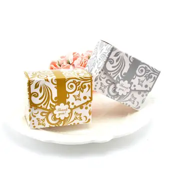 

50pcs Gold Silver Floral Printed Flower Wedding Favors paper Candy Boxes Party Gift box With Ribbons wedding supplies