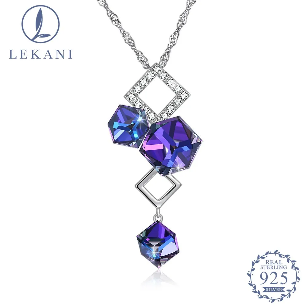 

LEKANI 925 Sterling Silver Necklace Crystal From Swarovski Purple Crastal Square Clean Zircon Pendant Women Fine Jewelry
