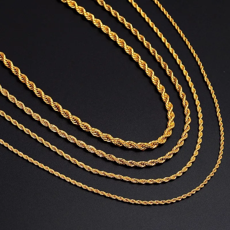 24 k позолоченный ожерелье цепочка для мужчин и женщин ожерелье браслет золотая веревочная цепочка ожерелье высокого качества