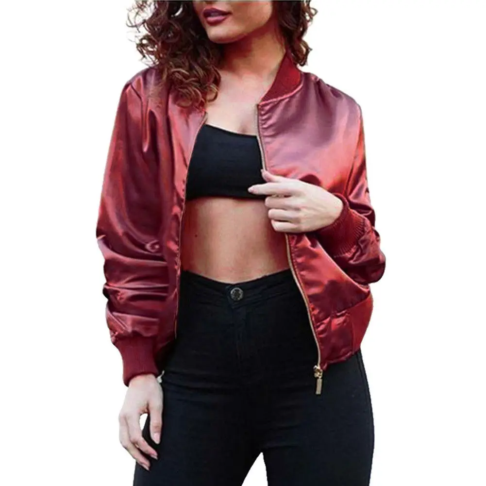 

2018 New Fashion Vintage Women Solid Satin Bomber Jacket Coat Flight Army Biker Retro Zip Up outwear Autumn Winter