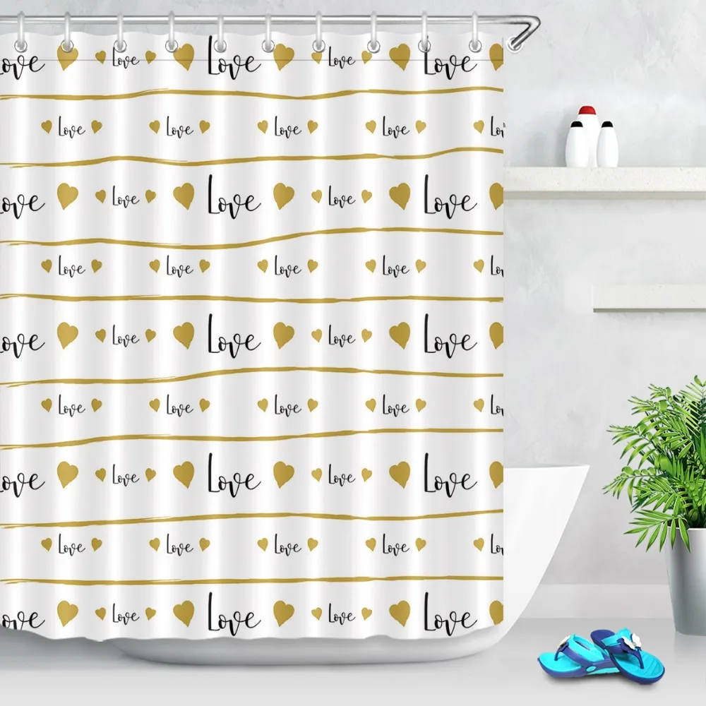 

LB 72'' Waterproof Polyester Gold Heart Stripes White Shower Curtain Love Set Bathroom Curtains Fabric for Bathtub Home Decor