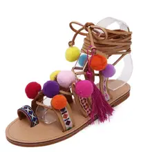 Sandalias romanas de China Pompón Bordado Rodilla Sandalias de Tiras Verano Nueva borla de Las Mujeres Sandalias de Gladiador Zapatos de Mujer de Cuero